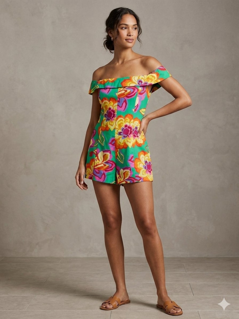 Gianni Bini Off-the-Shoulder Floral Romper in Green and Pink